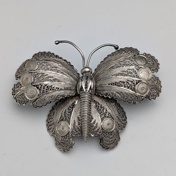 Vintage Portuguese filigree butterfly silver brooch
